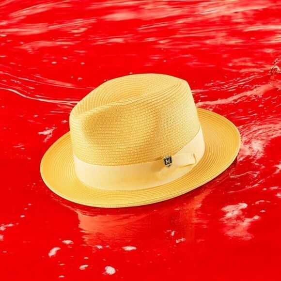 MONTIQUE MENS CANARY WIDE BRIM PINCH FEDORA HAT W/ MATCHING GROSGRAIN RIBBON H42 - Picture 1 of 2
